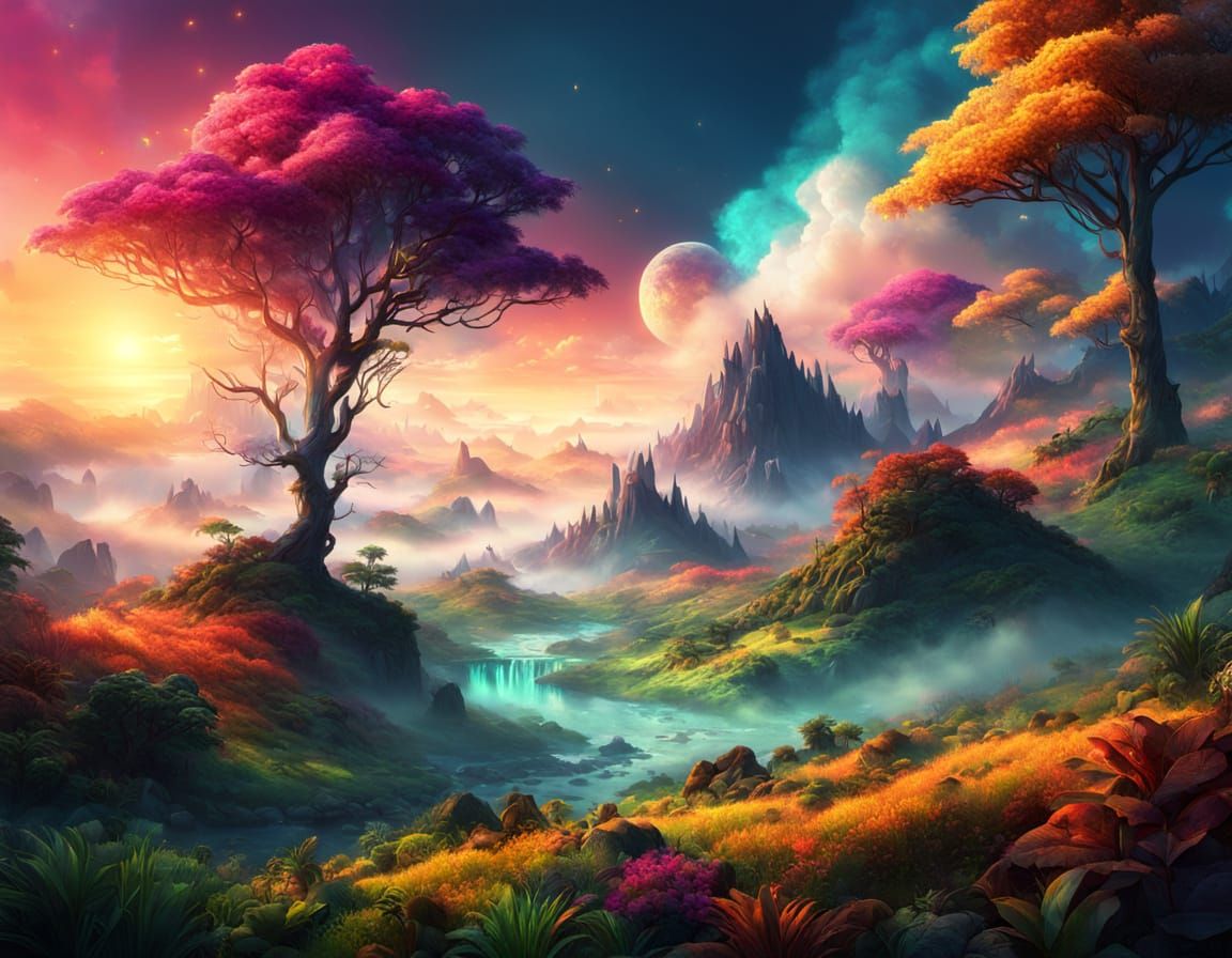 Vibrant Fantasy Landscape in Golden Hour