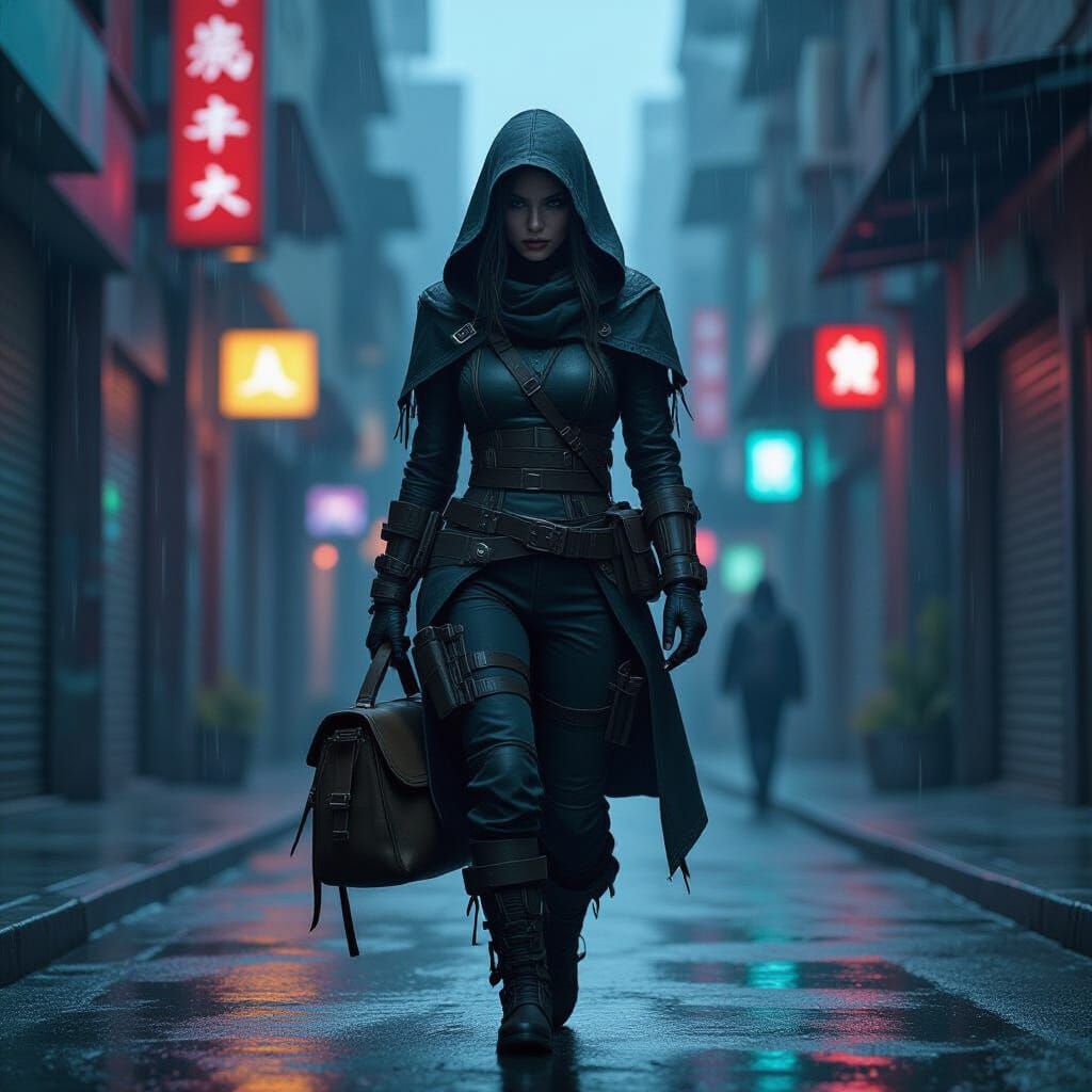 Cyberpunk Explorer in Neon City Alleyway