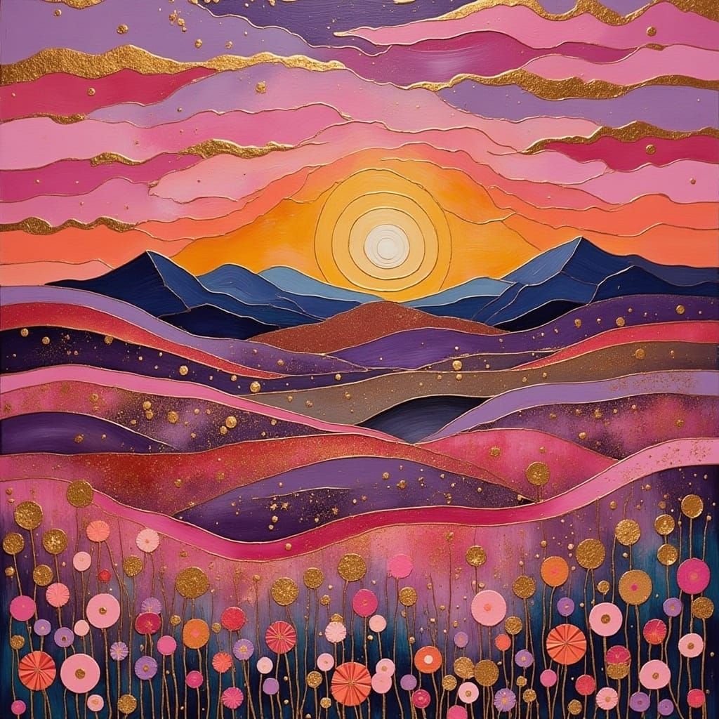 Golden Sunset in Whimsical Impasto Style