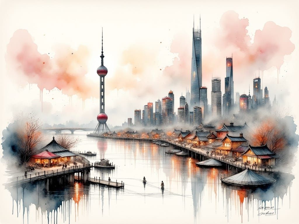 Traditional Chinese Ink Wash Painting of Shanghai's Futurist...