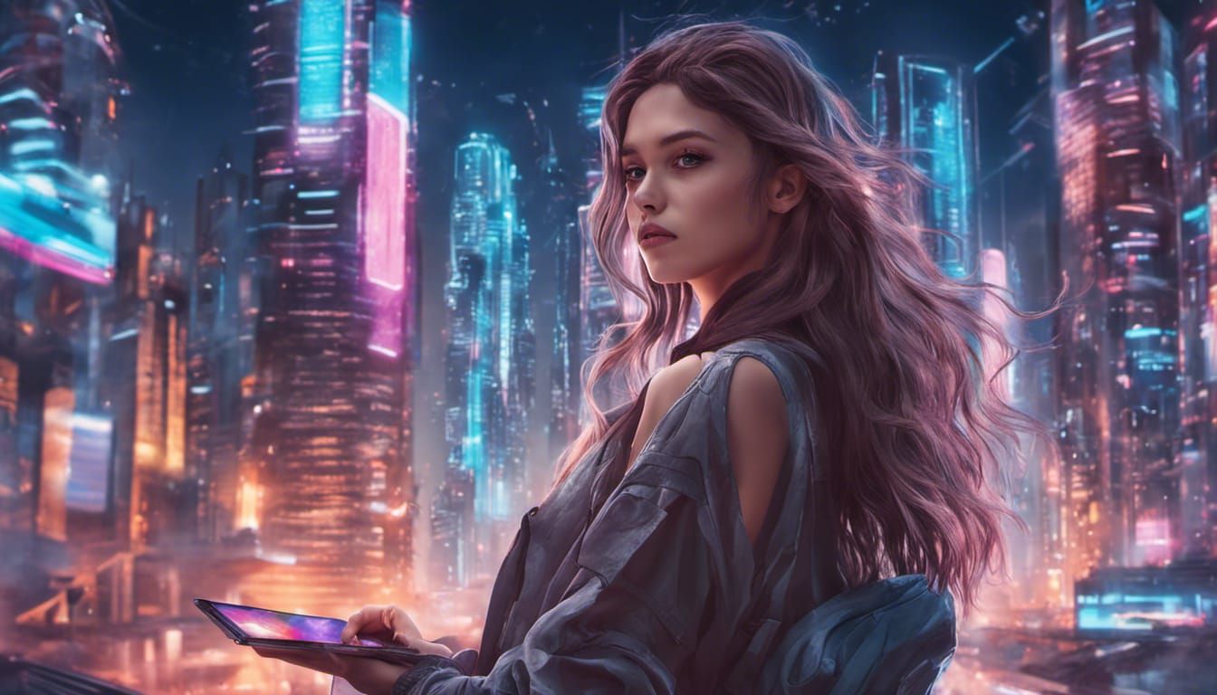 Enchanting Artist in a Neon Cyberpunk Cityscape