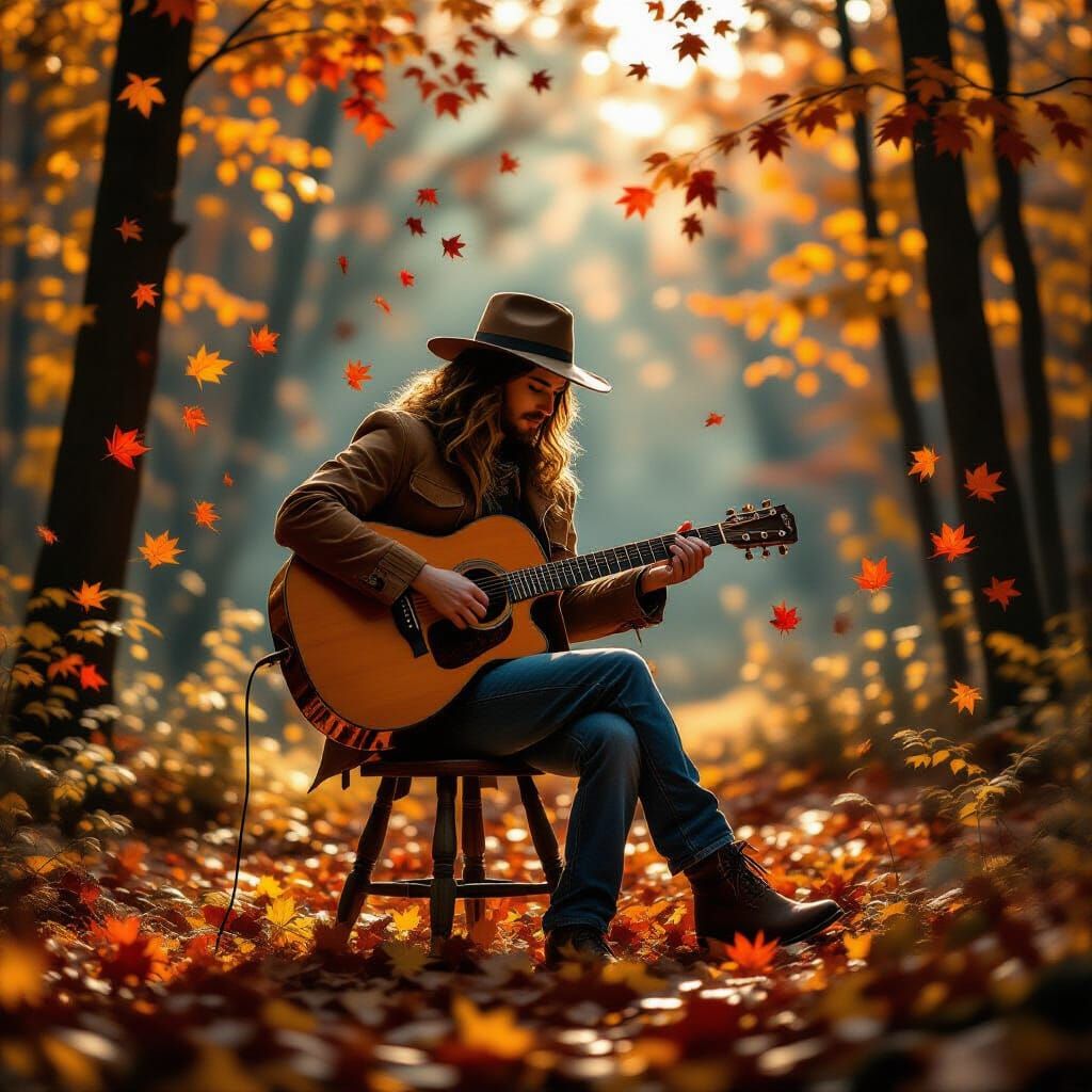 Musician Plays Spectral Guitar in Autumn Forest