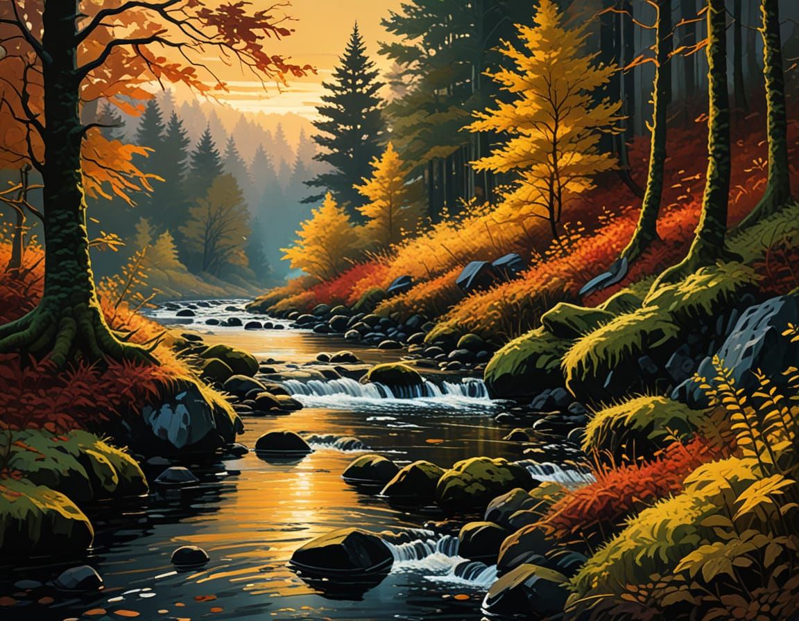 Autumn Forest River in Gouache Impressionist Style