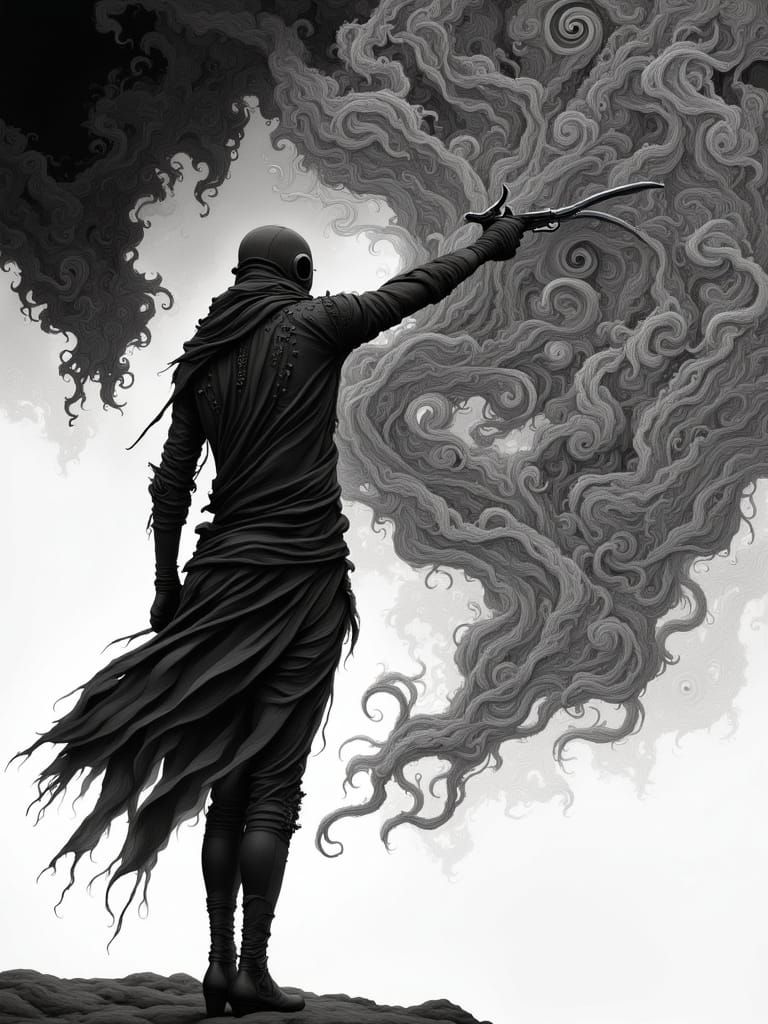 Futuristic Warrior Severing Time Illusions in Ink Style