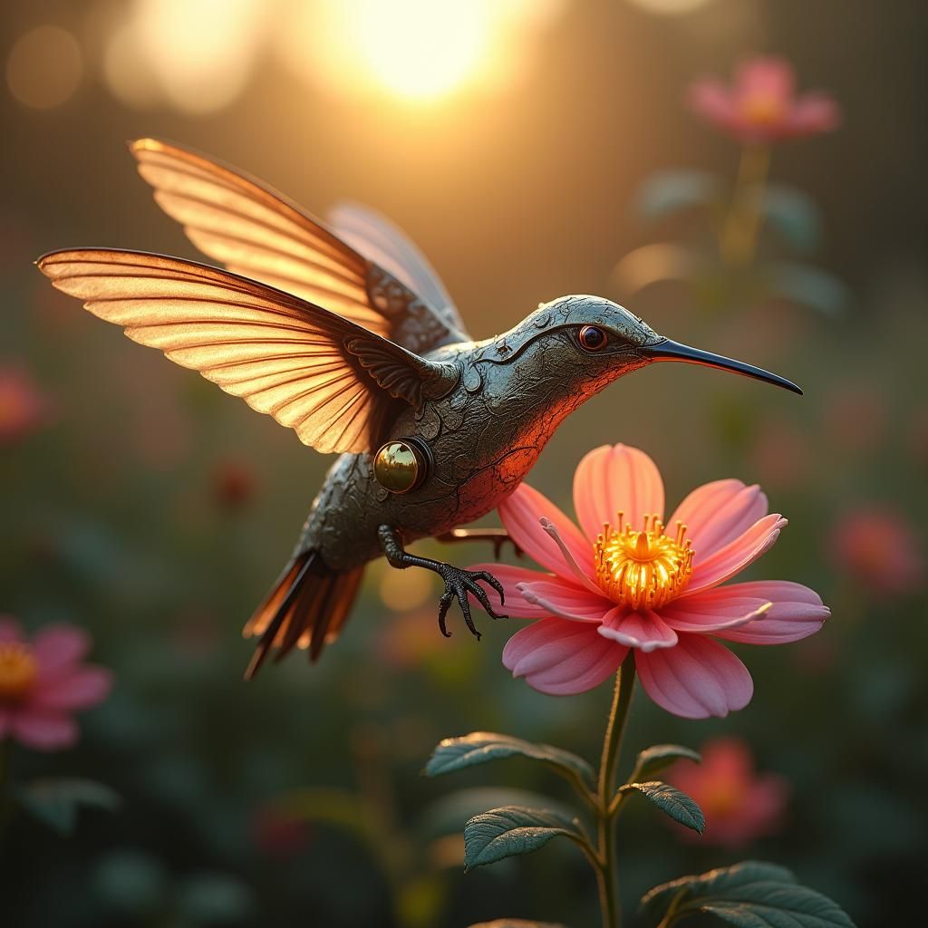 Steampunk Mechanical Hummingbird Hovering at Twilight
