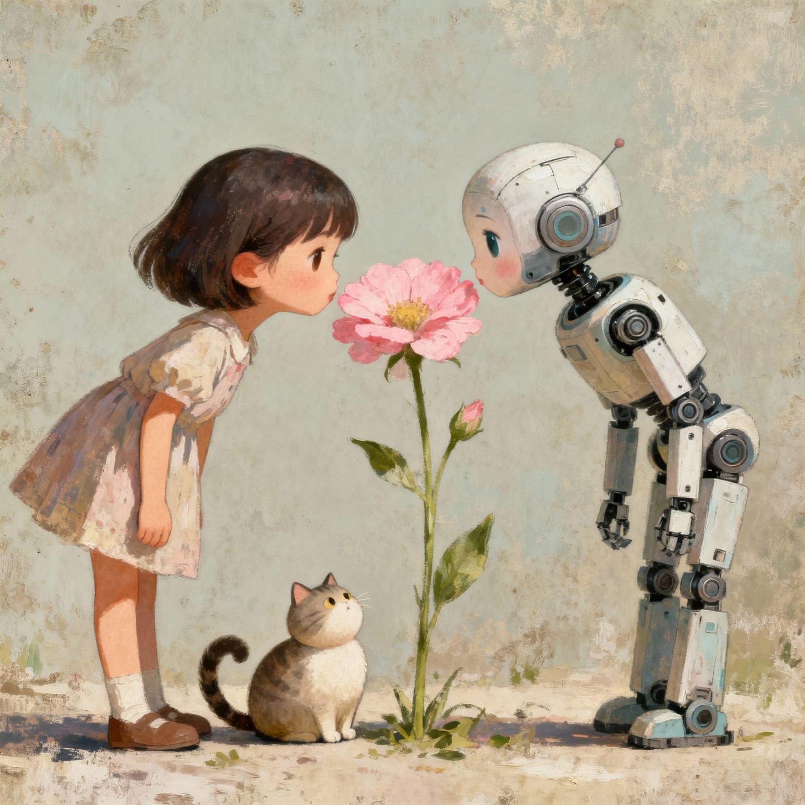 Whimsical Girl and Robot Friendship Painting