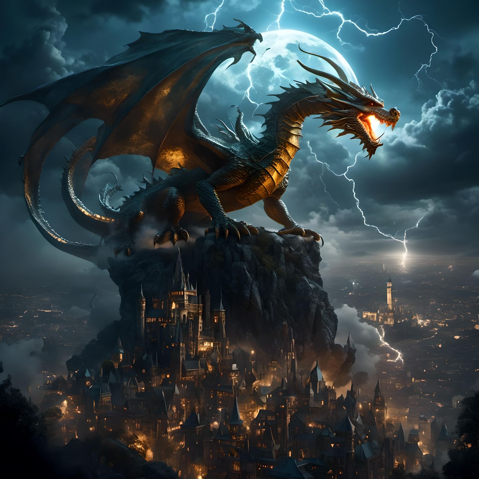 Dragon Defends City Under Golden Moon