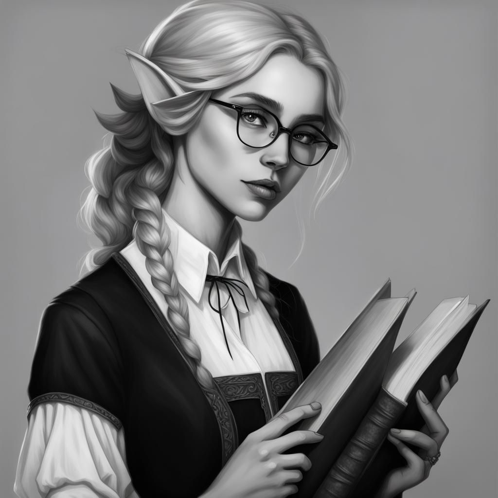Wistful Elf Librarian in Black and White