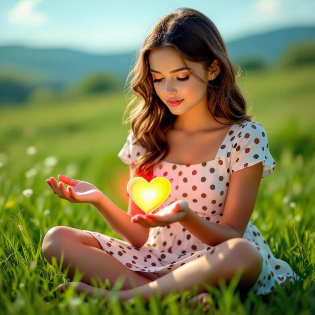 Girl Offers Glowing Heart on Summer Grass