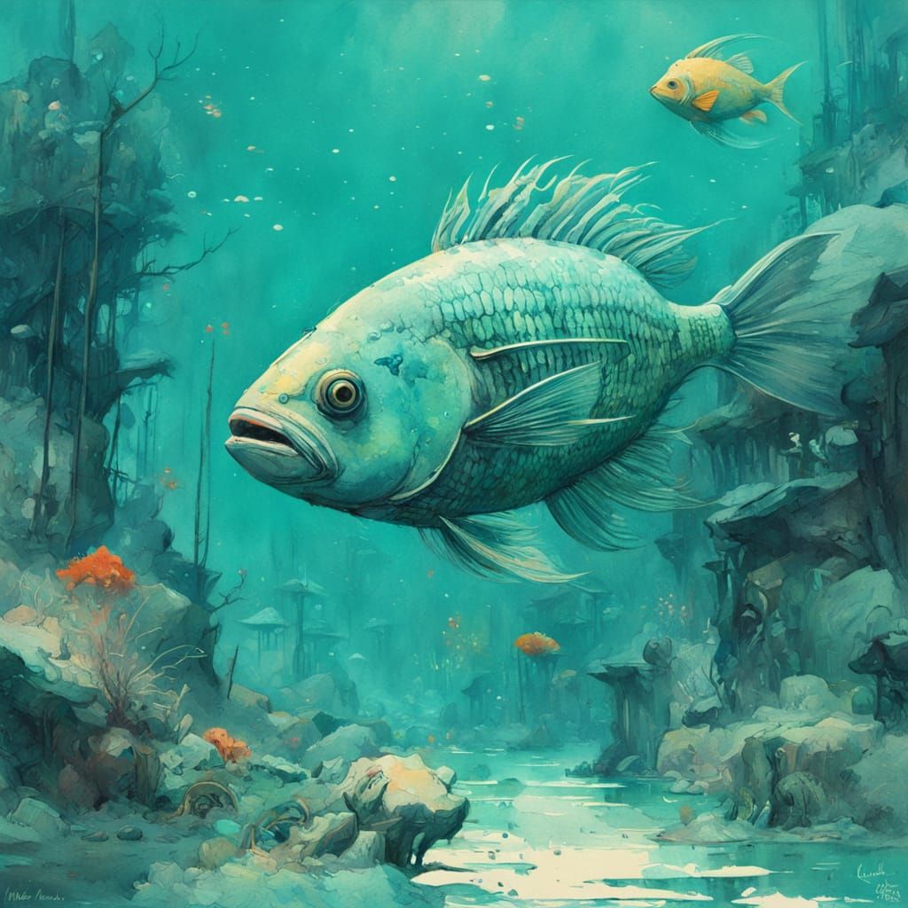 Turquoise Fish in Underwater Fantasy Watercolor
