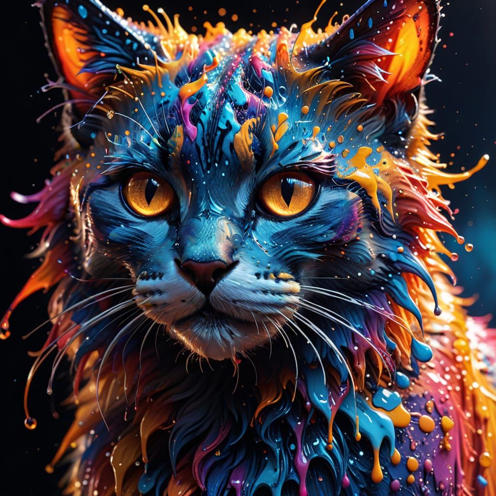 Glowing Whimsical Paint Droplets Form a Cat in Hyper-Realist...