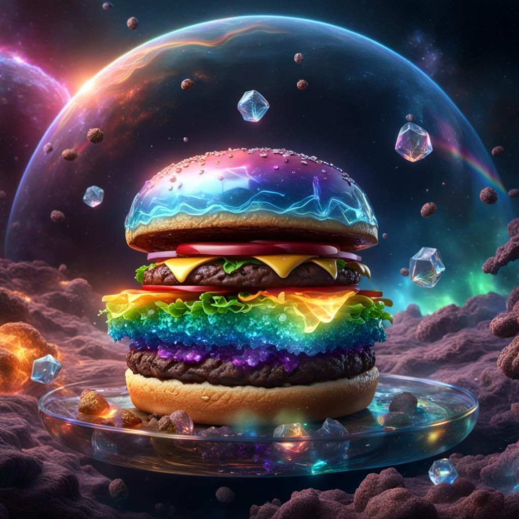 Rainbow Crystal Hamburger in Space: Digital Art
