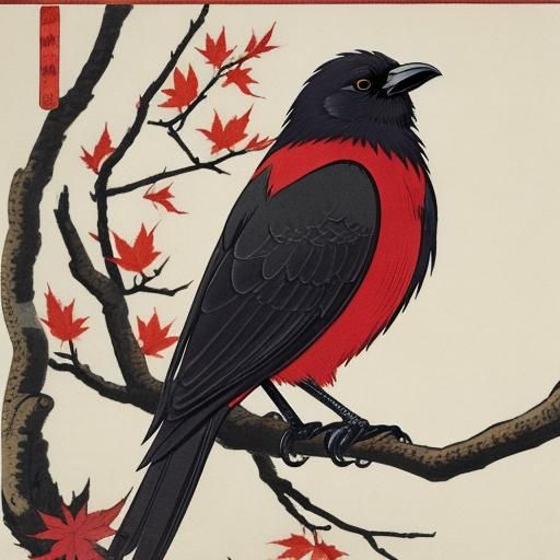 Crow on Branch at Nightfall: An Ukiyo-e Autumn Scene