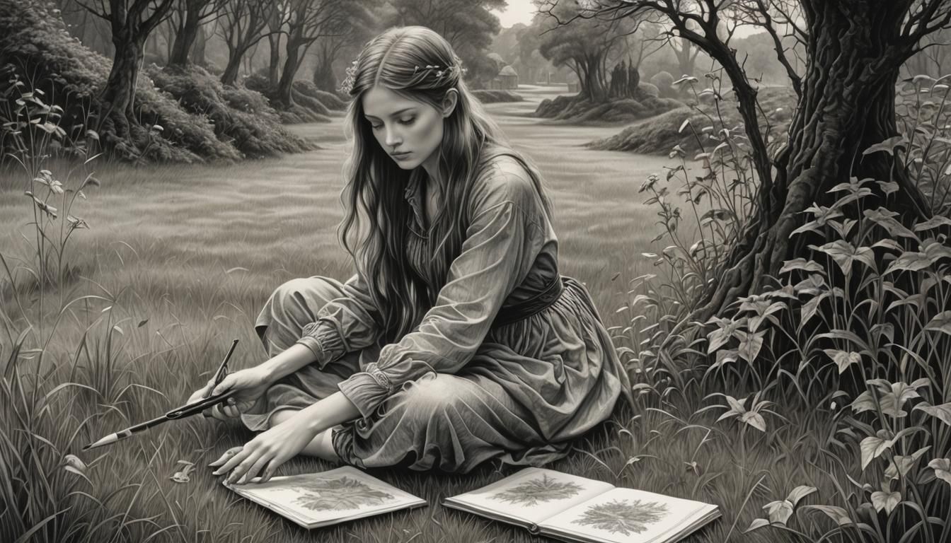 Woman Sketching in Magic Realism Style