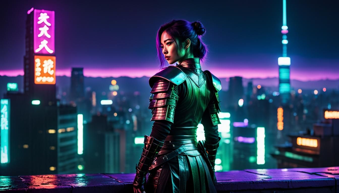 Cyberpunk Samurai Girl Overlooking Neon Cityscape