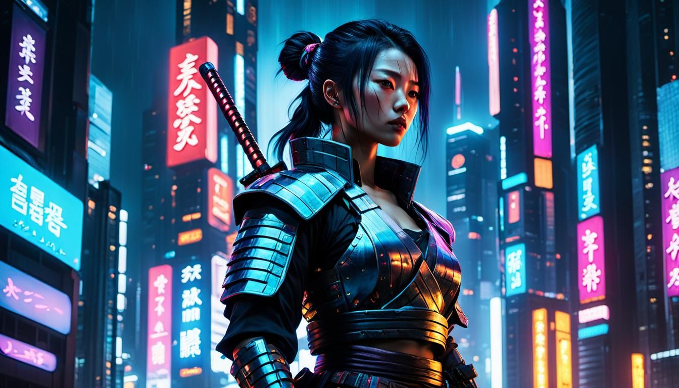 Cyberpunk Samurai Girl in Neon Cityscape