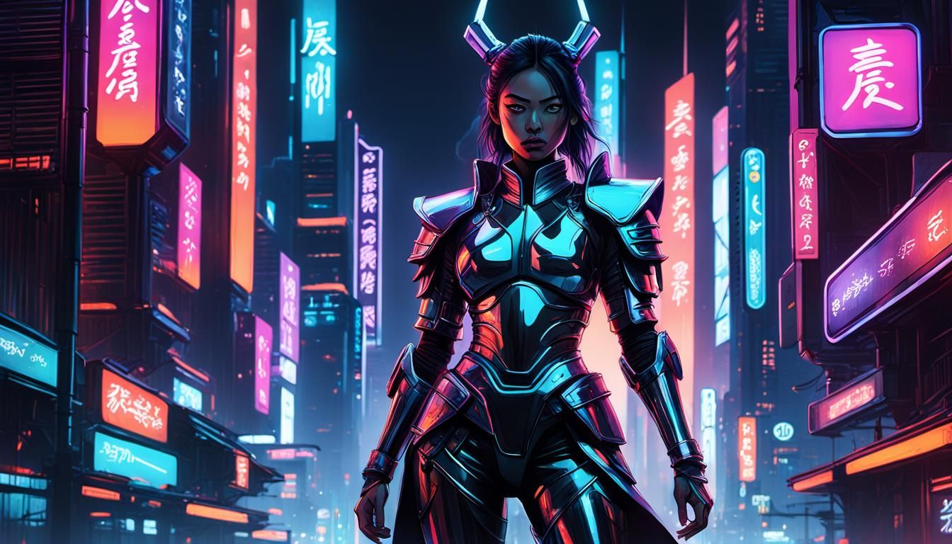 Cyberpunk Samurai in Neon Cityscape