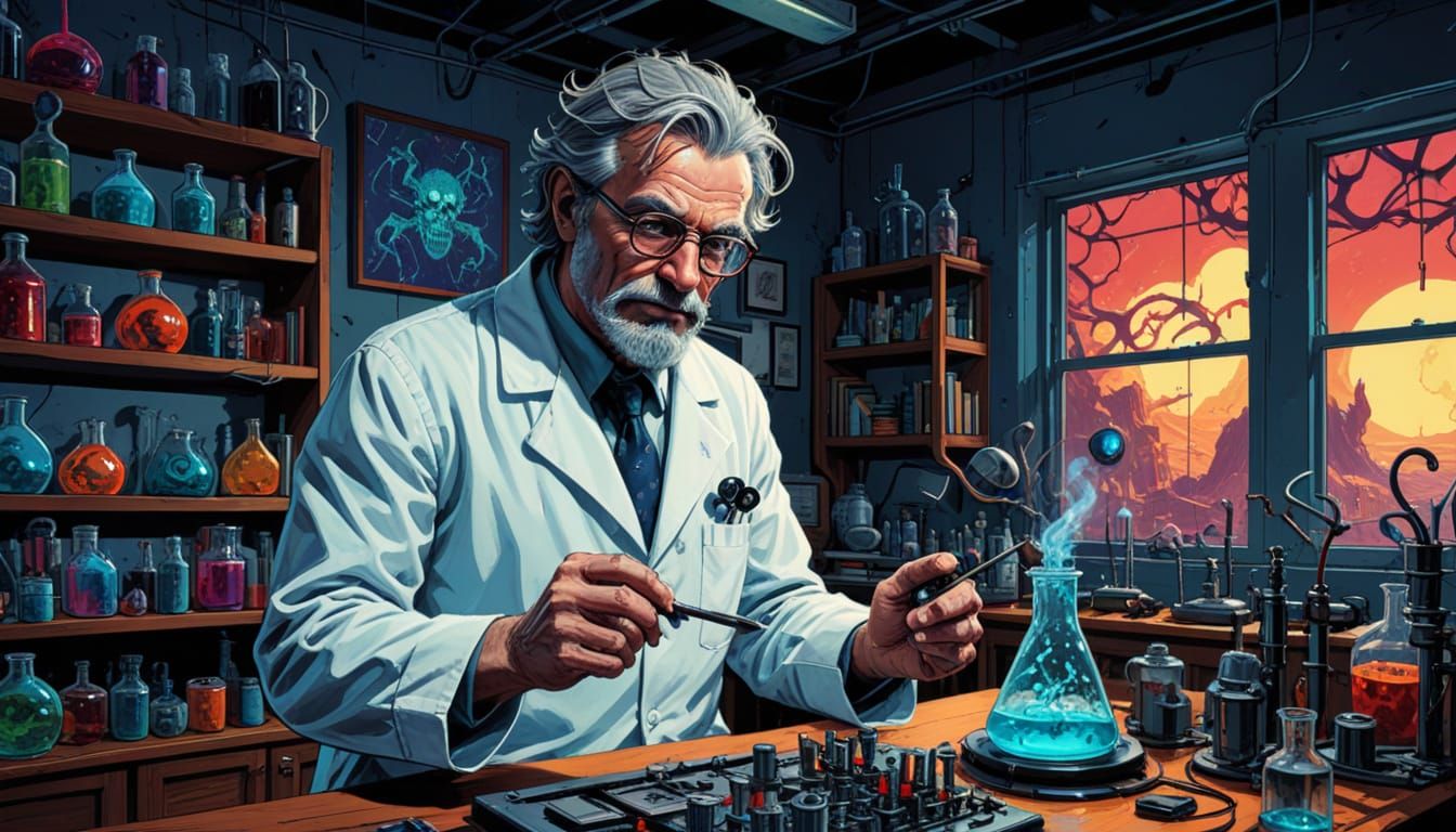 Classic Comic Book Art of a Mad Scientist in a Retro Lab