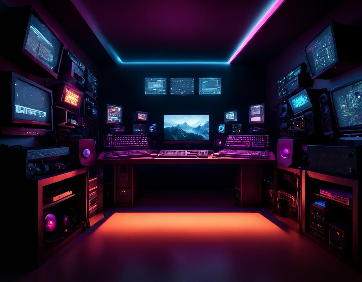 Cinematic Gamer Lair in Darkened Fluxus Space