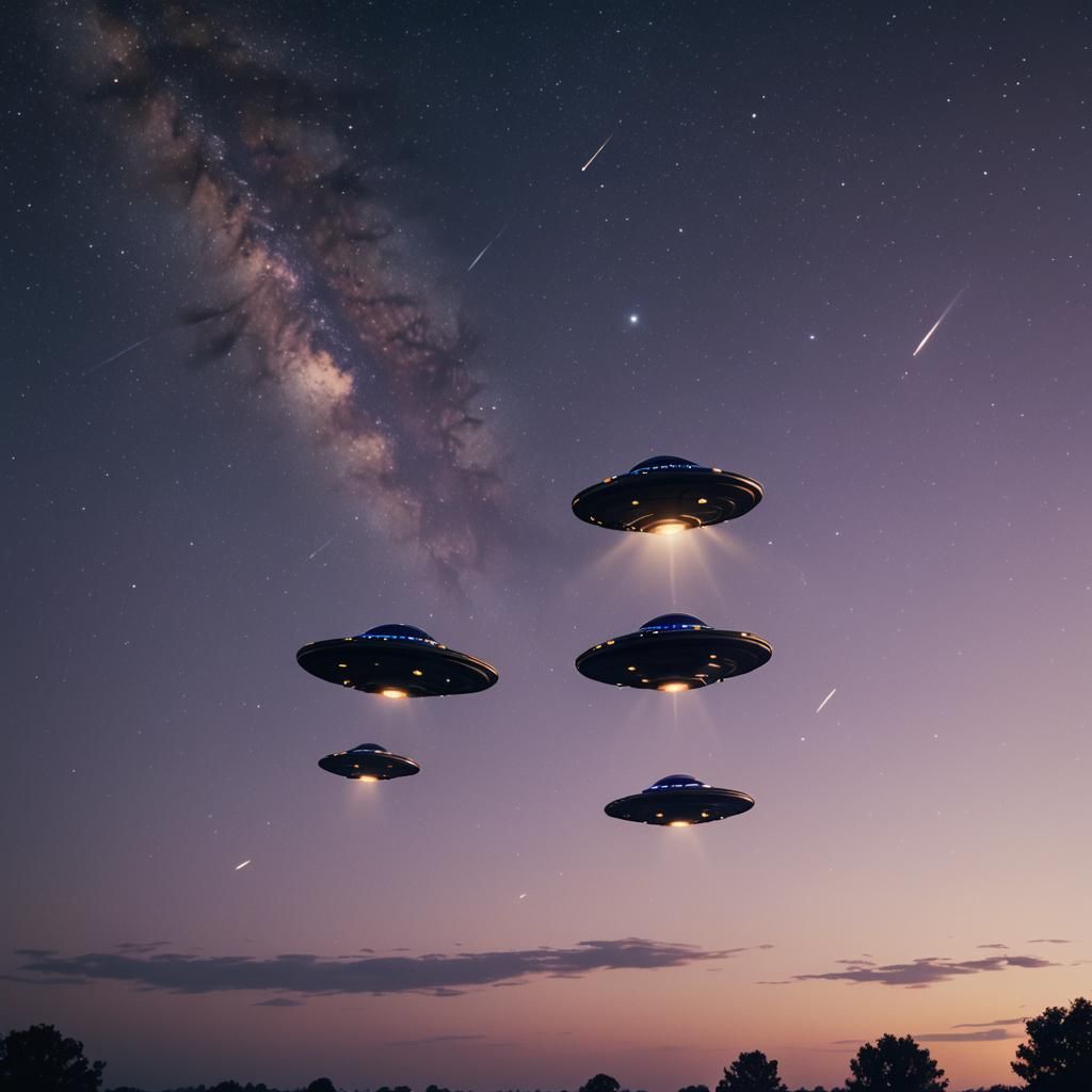 UFOs in Starry Night Sky: A Cinematic Film Still