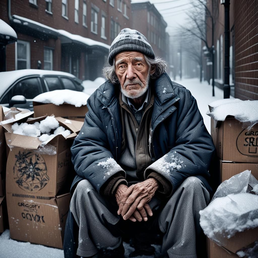 Elderly Homeless Man in Winter: Cinematic Portrait