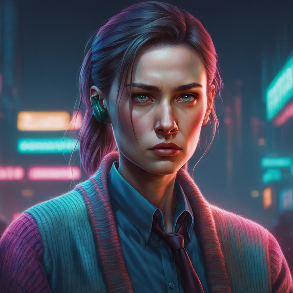 Woman in Tie: Photorealistic Cyberpunk Portrait