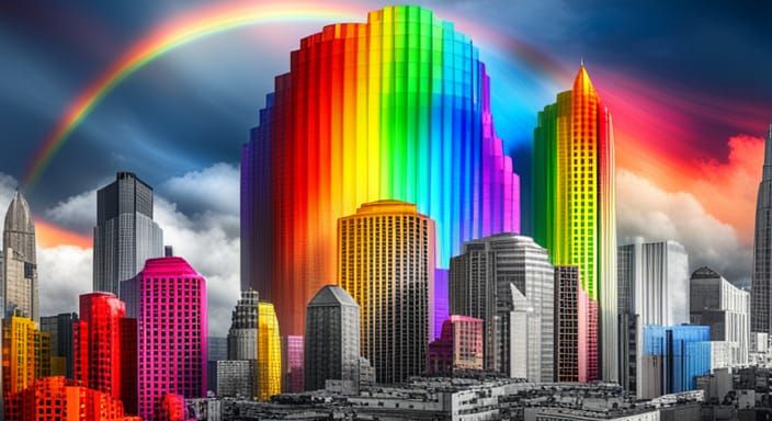 Futuristic Rainbow Towers Over Retro Cityscape