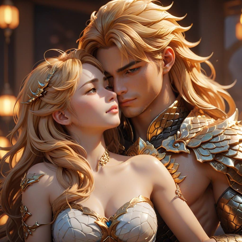 Anime Naga Man and Woman Cuddling in 3D