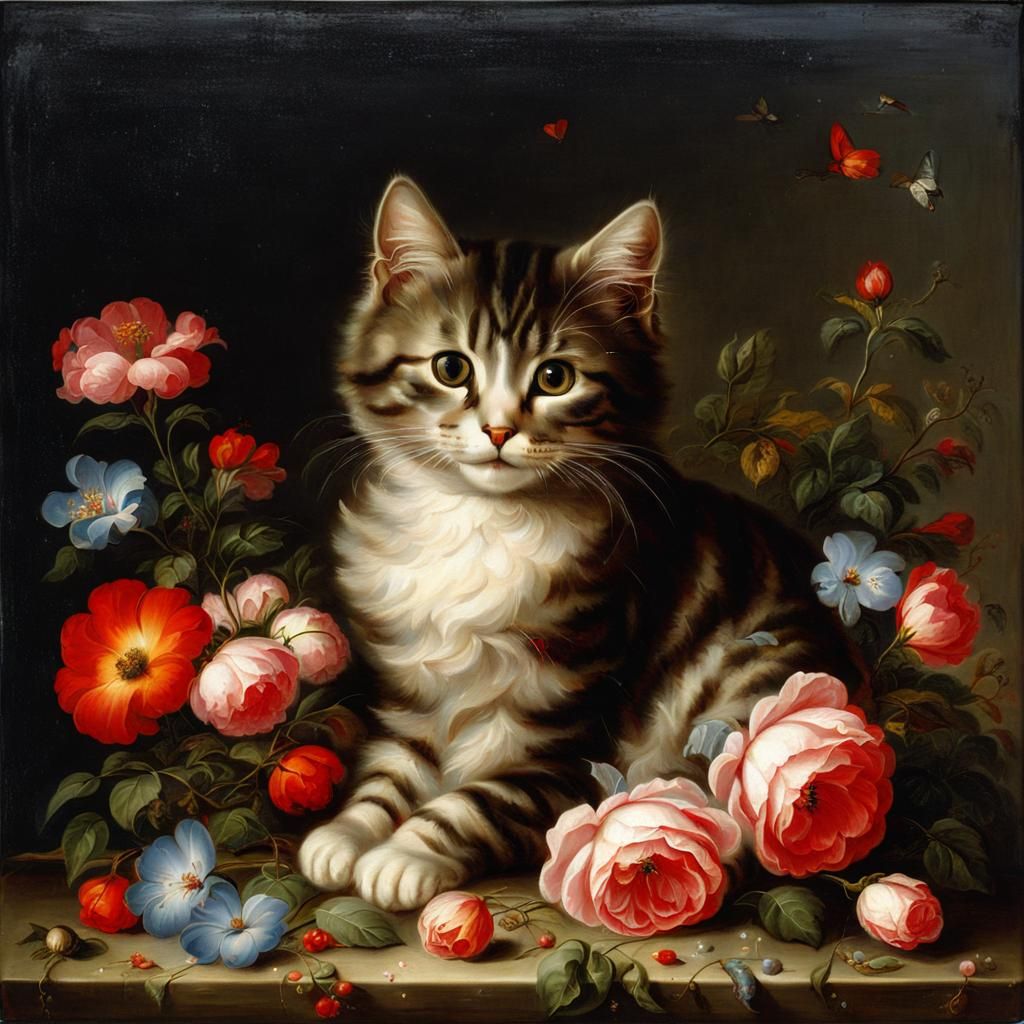 Cute Cat with Flowers in Baroque Style