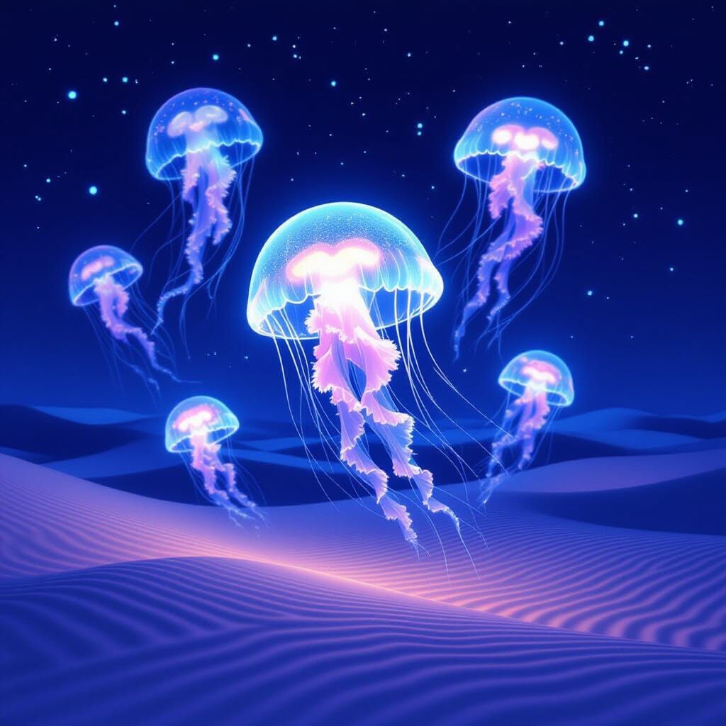 Bioluminescent Jellyfish in Deep Ocean, Surreal Style