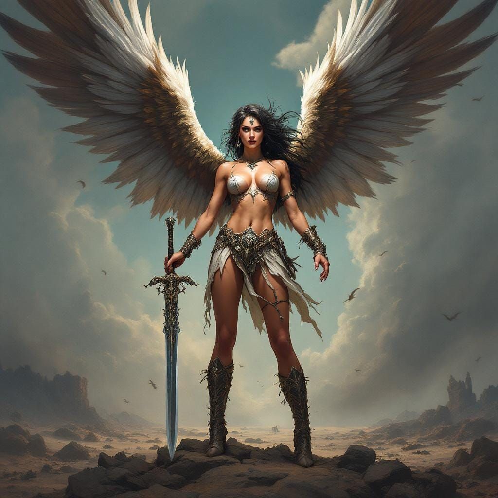 Winged Warrior Woman in Post-Apocalyptic Landscape
