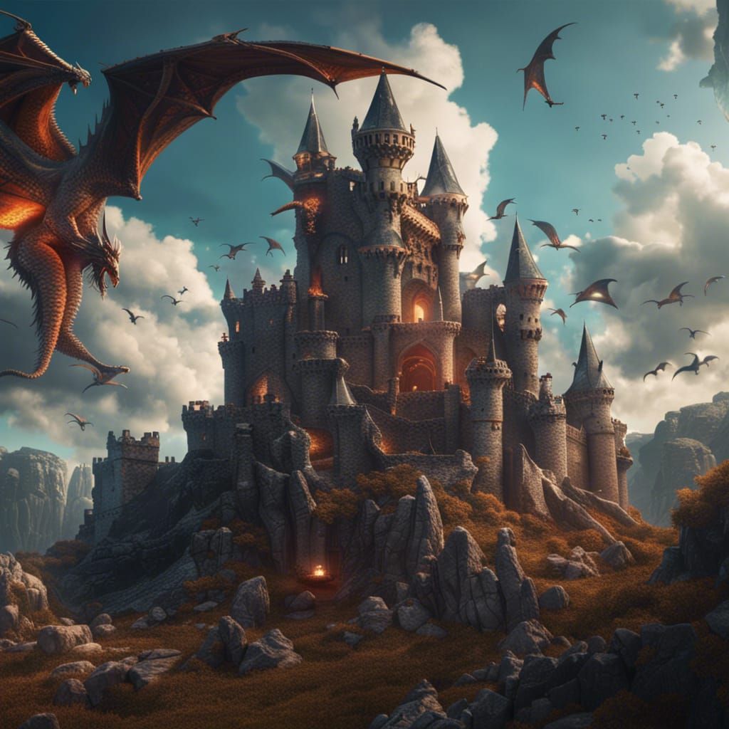 Medieval Castle Ruins with Dragons in Fantasy Art