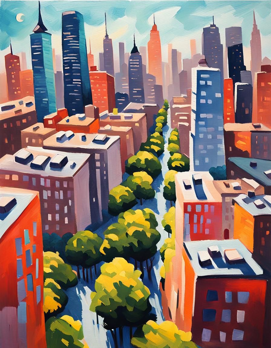 Gouache Cityscape with Skyscrapers and Tall Trees