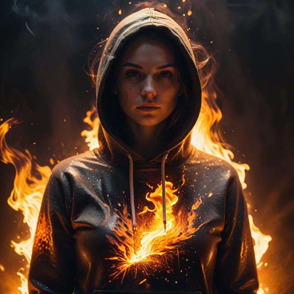 Woman in Liquid Fire Hoodie: Cinematic Oil Painting