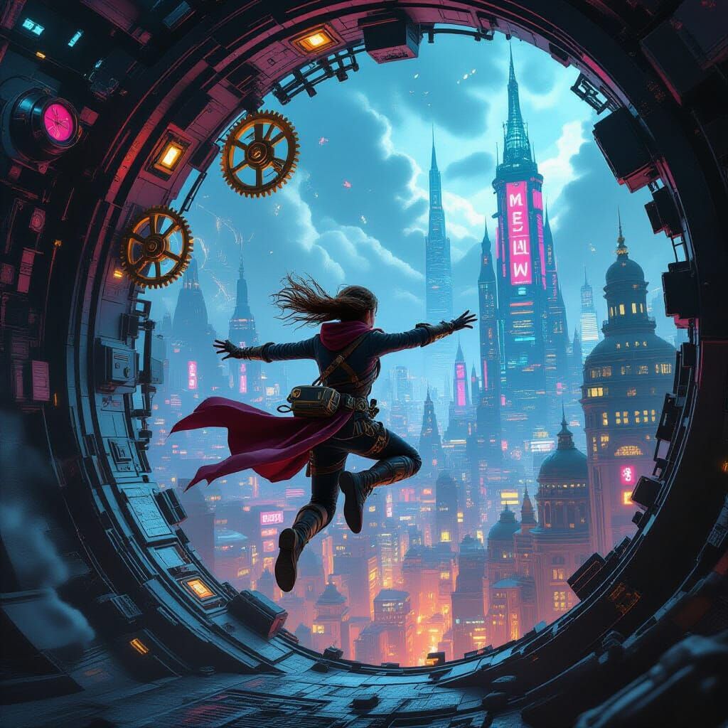 Steampunk Adventurer Leaps into Neon Cityscape: Digital Matt...