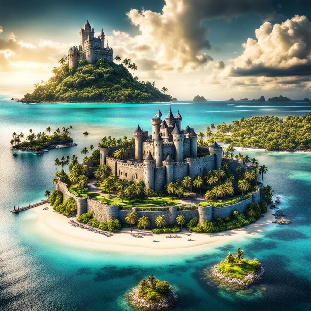 Hyperrealistic Magic Island with Castle in HDR