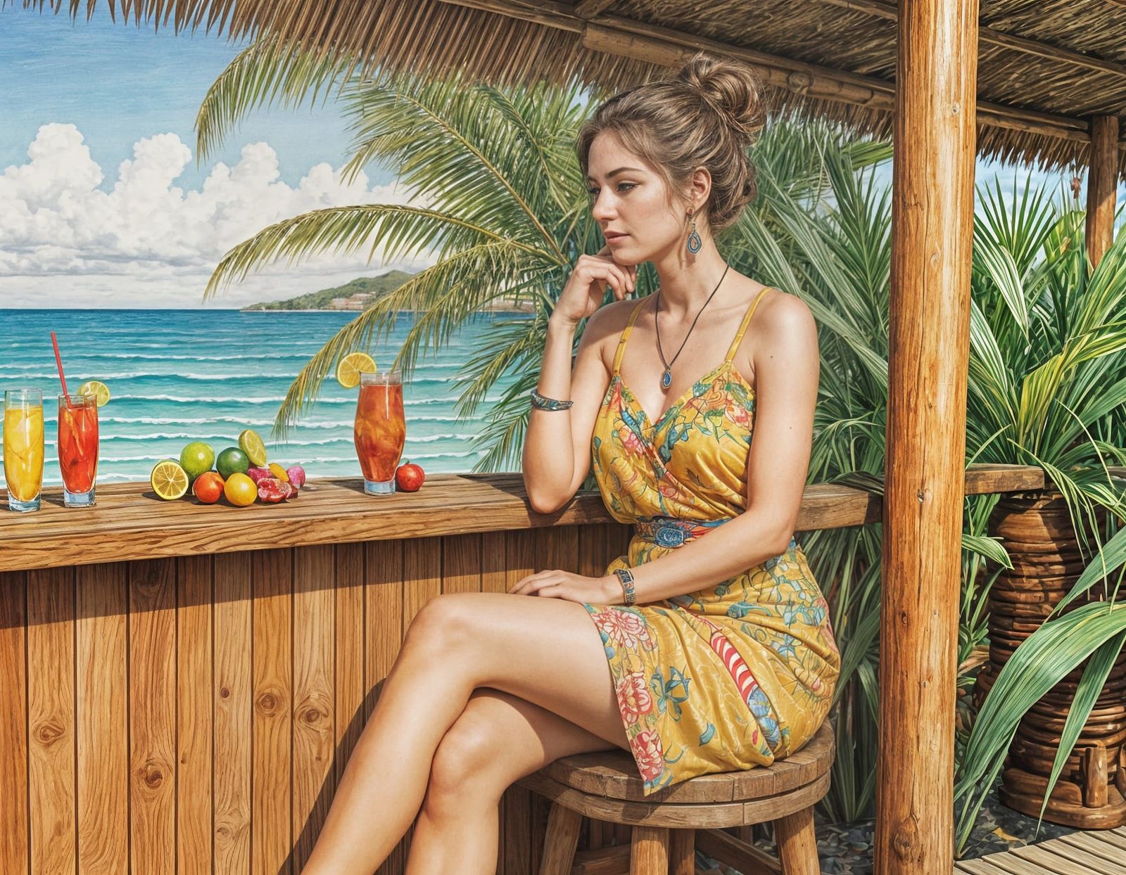 Vibrant Tiki Bar Scene in Colorful Cartoon Style