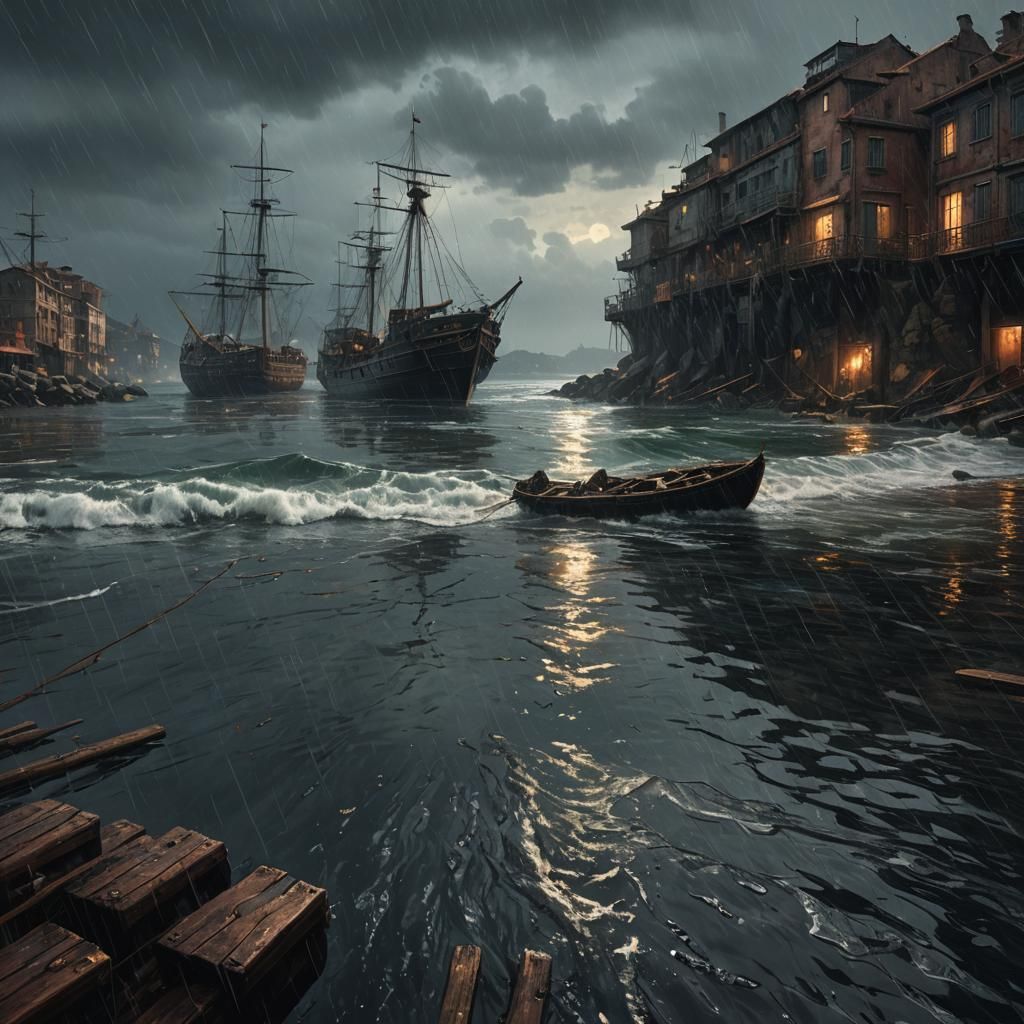 Hyperrealistic Port Scene with Dark Waters