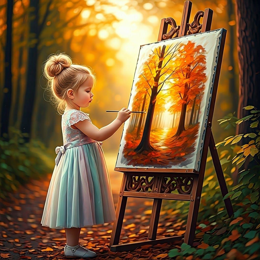 Girl Painting Autumn Landscape in Oil Painting Style