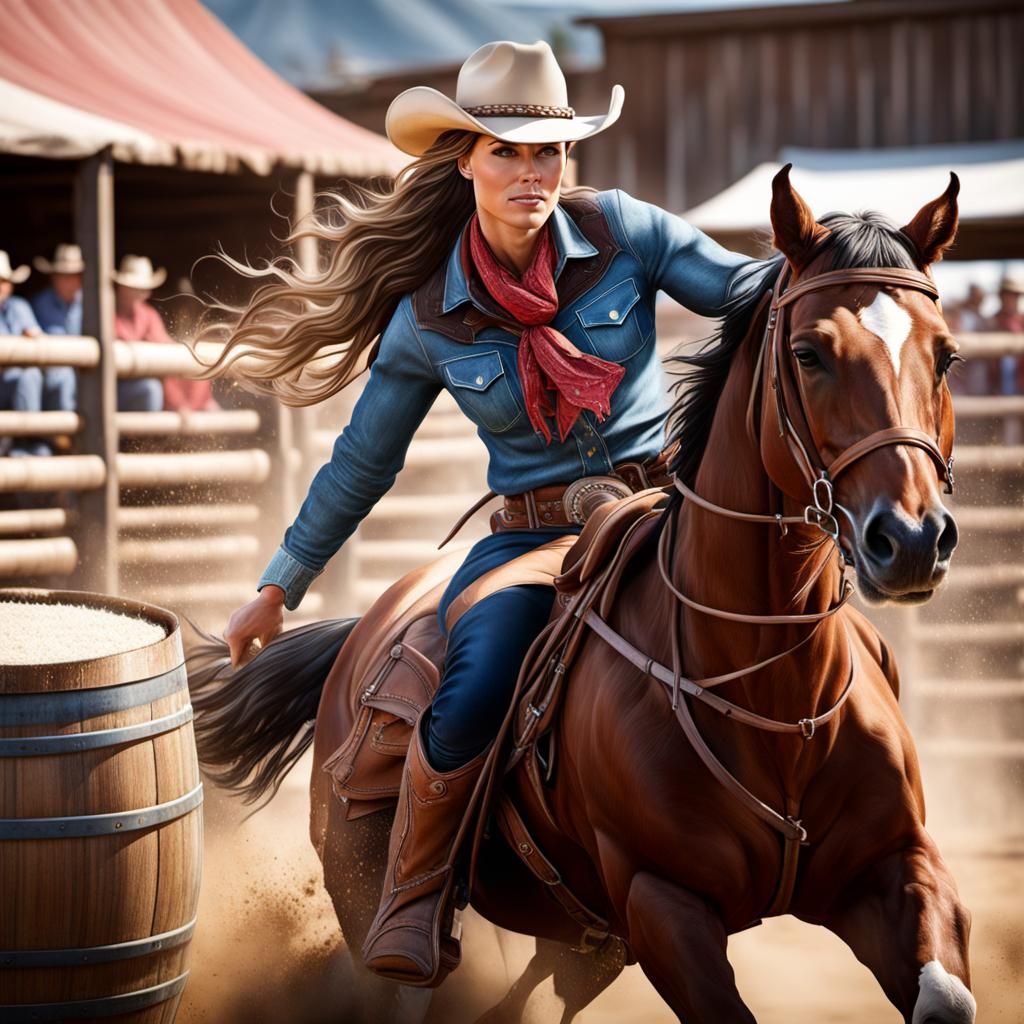 Cowgirl and Horse Barrel Racing Action Shot