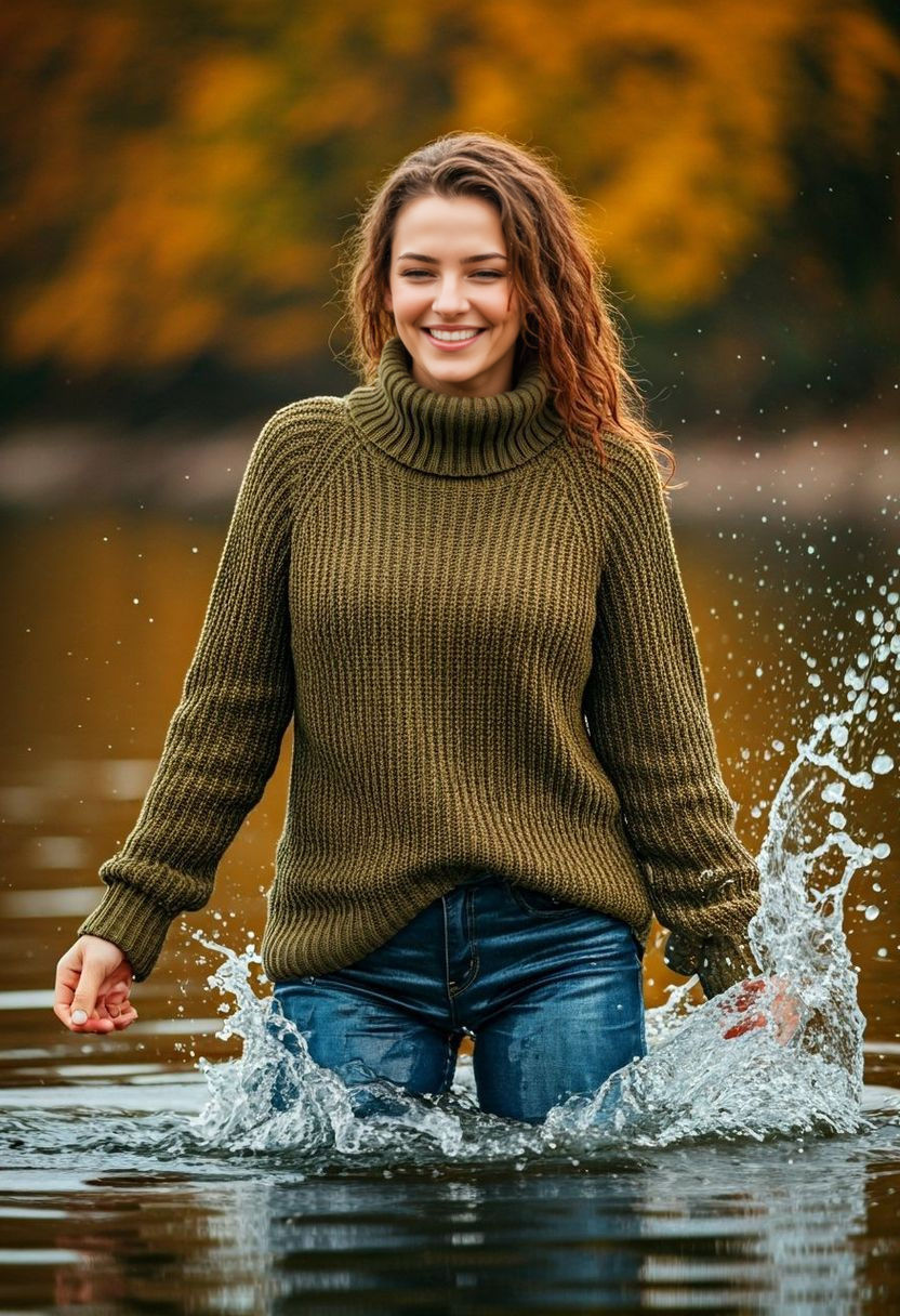 Woman Splashing in Water, Autumn Colors