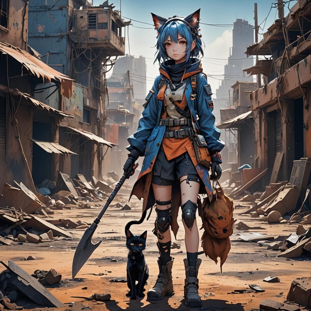 Anime Cat Girl in Slum: Hyper-Realistic Concept Art