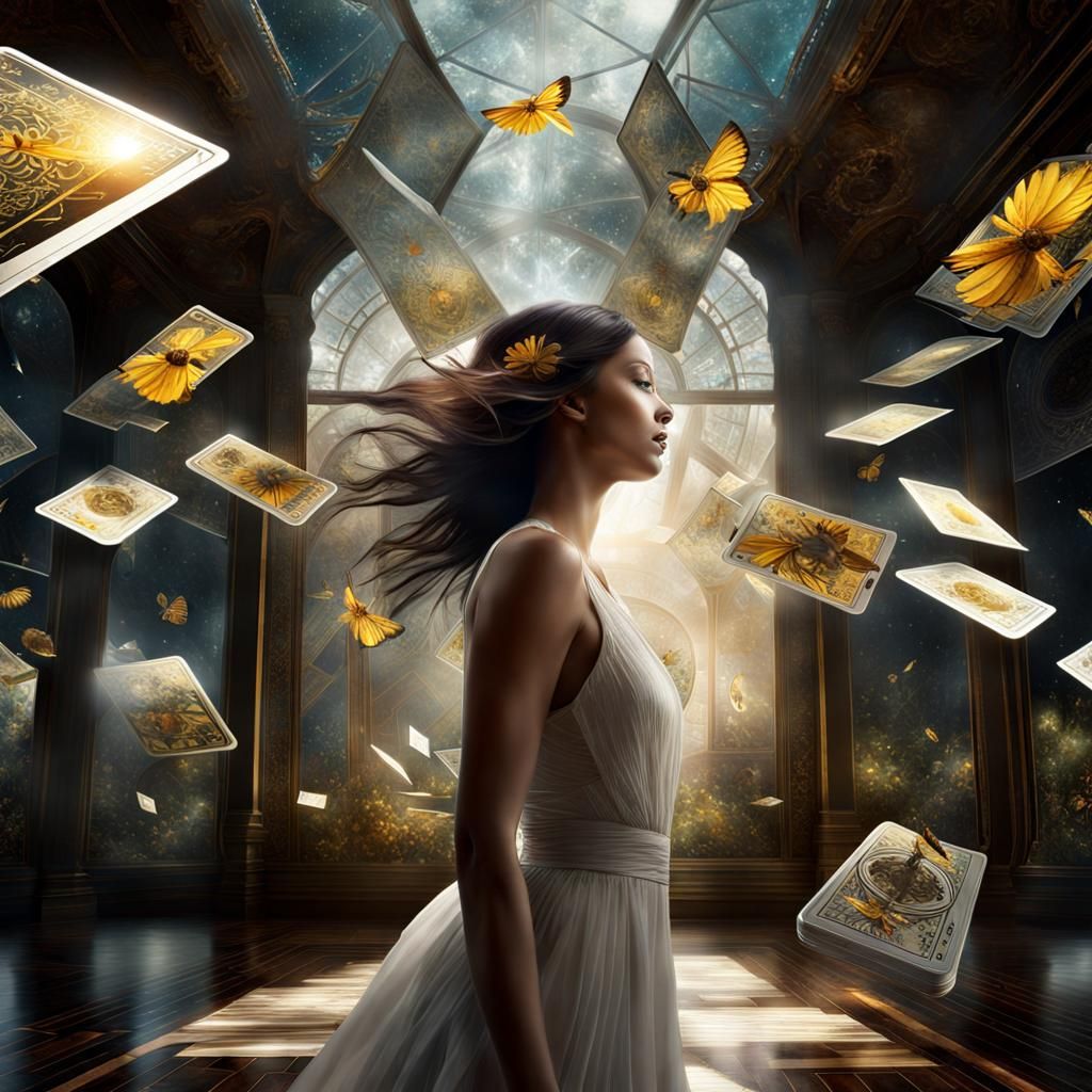 Mystical Tarot Cards Falling in Glass Room