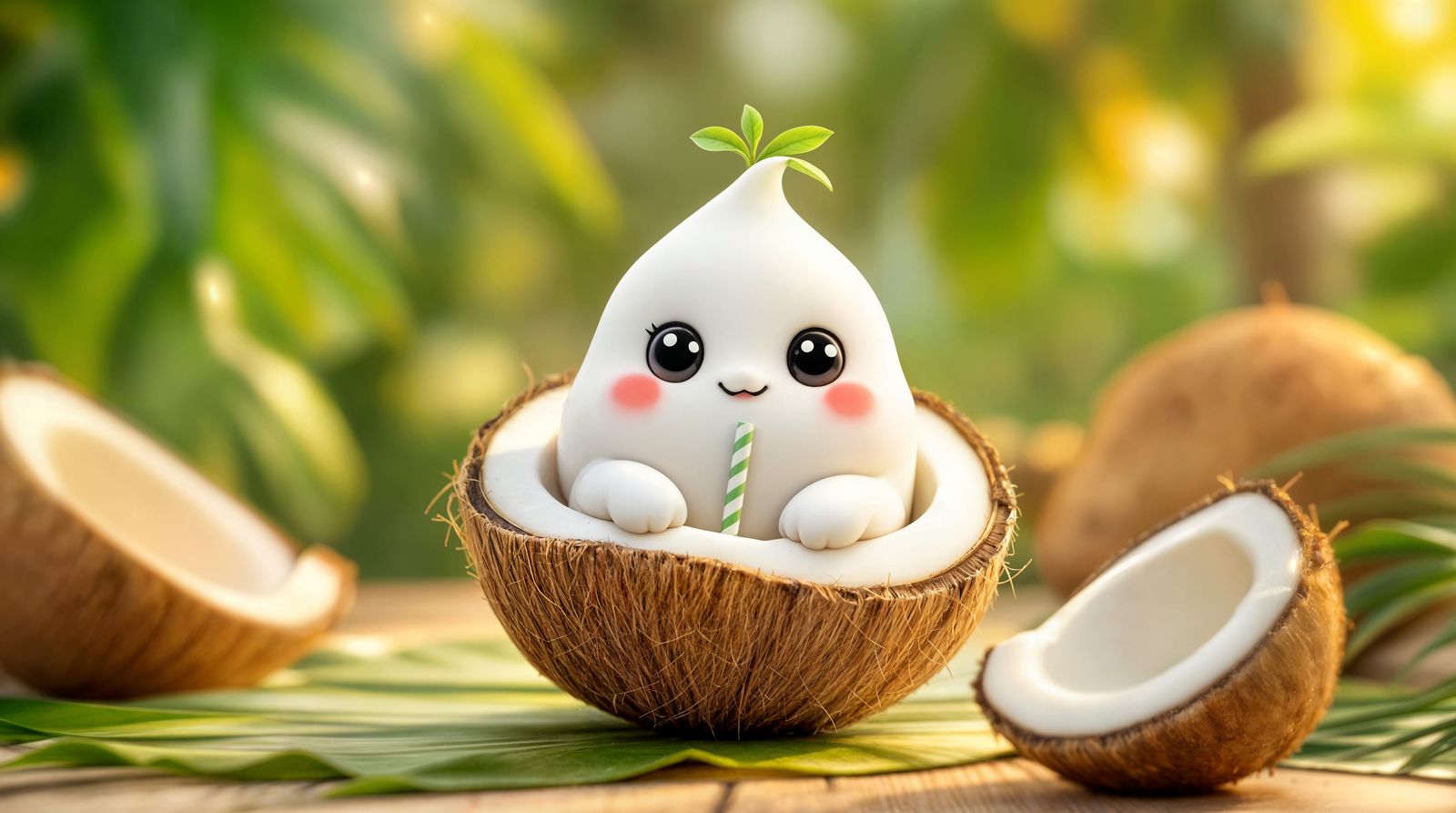Whimsical Coconut Character in Tropical Paradise