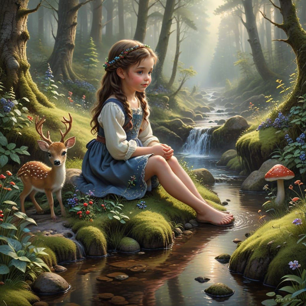 Girl and Deer in Whimsical Forest Scene