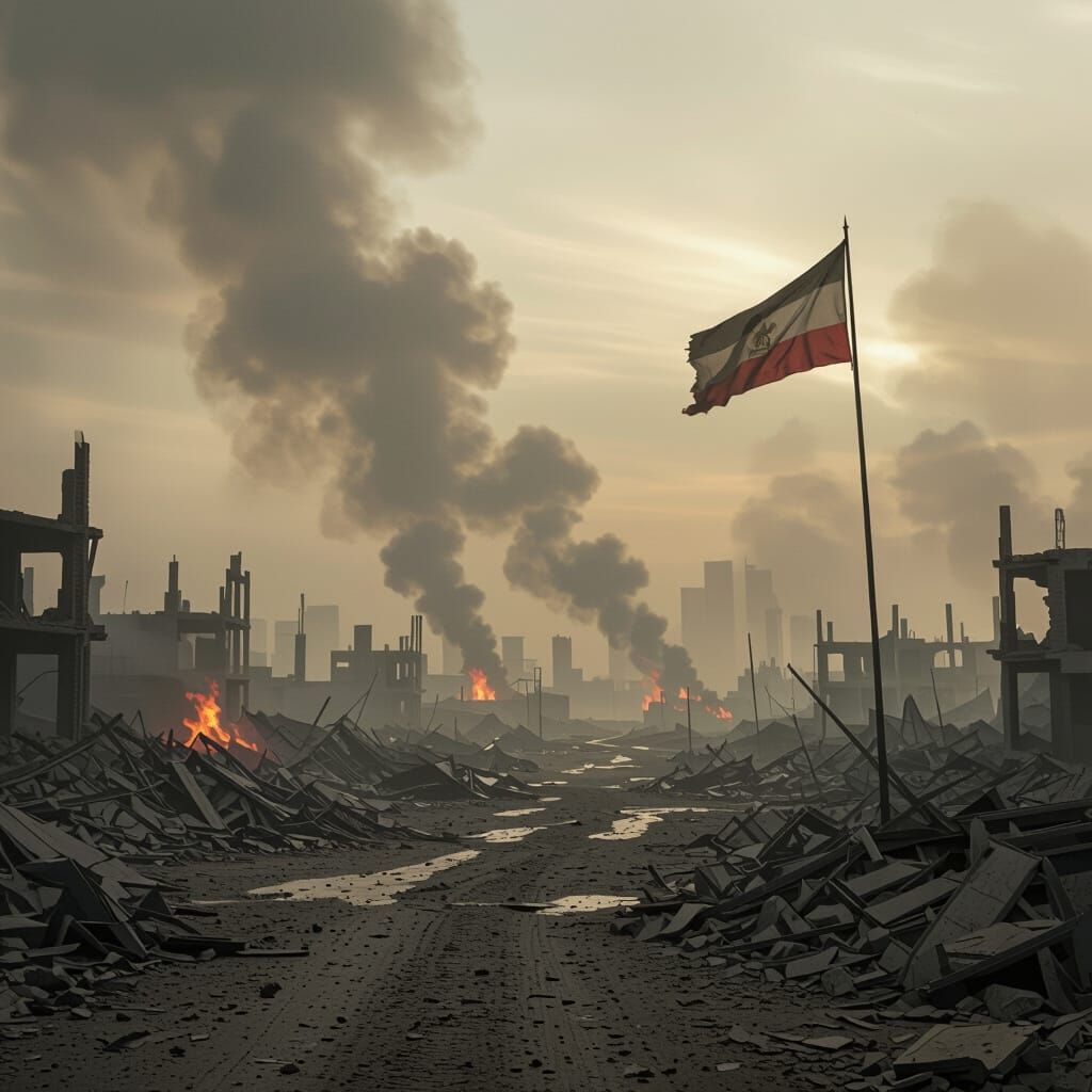 War-Torn Cityscape with Tattered Flag