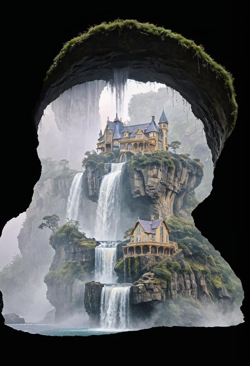 Art Nouveau Cliffside House with Waterfall
