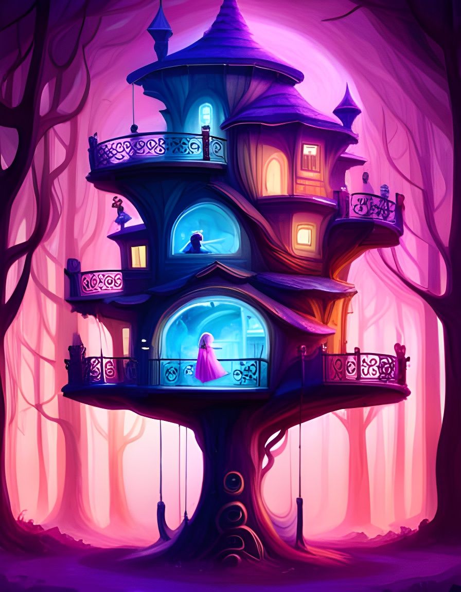 Whimsical Purple Fairytale Treehouse in Digital Art Style