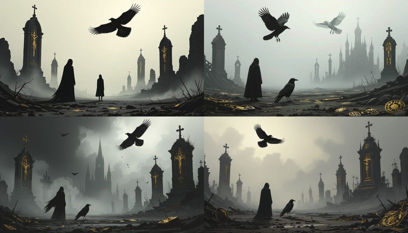 Lone Figure Confronts Black Crow in Foggy Gothic Wasteland