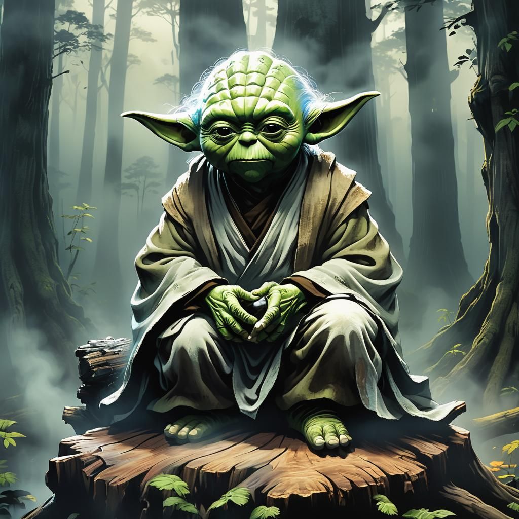 Manga Style Yoda in Misty Forest